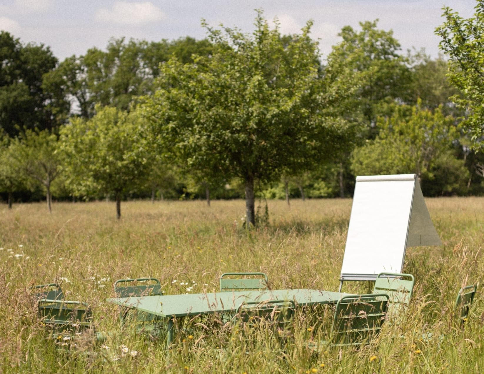 Un groupe de chaises vertes entoure une table dans une prairie herbeuse, parfaite pour un séminaire campagne proche Paris. Un tableau à feuilles mobiles vierge se trouve à proximité. Des arbres sont dispersés en arrière-plan sous un ciel partiellement nuageux, créant un espace de réunion extérieur accueillant.