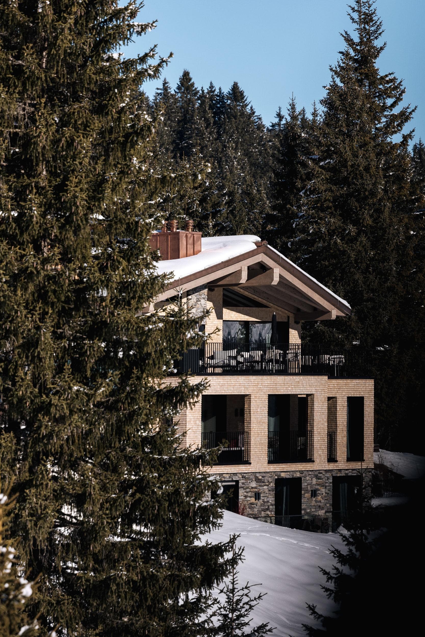 Le Chalet apparaît entre les pins.