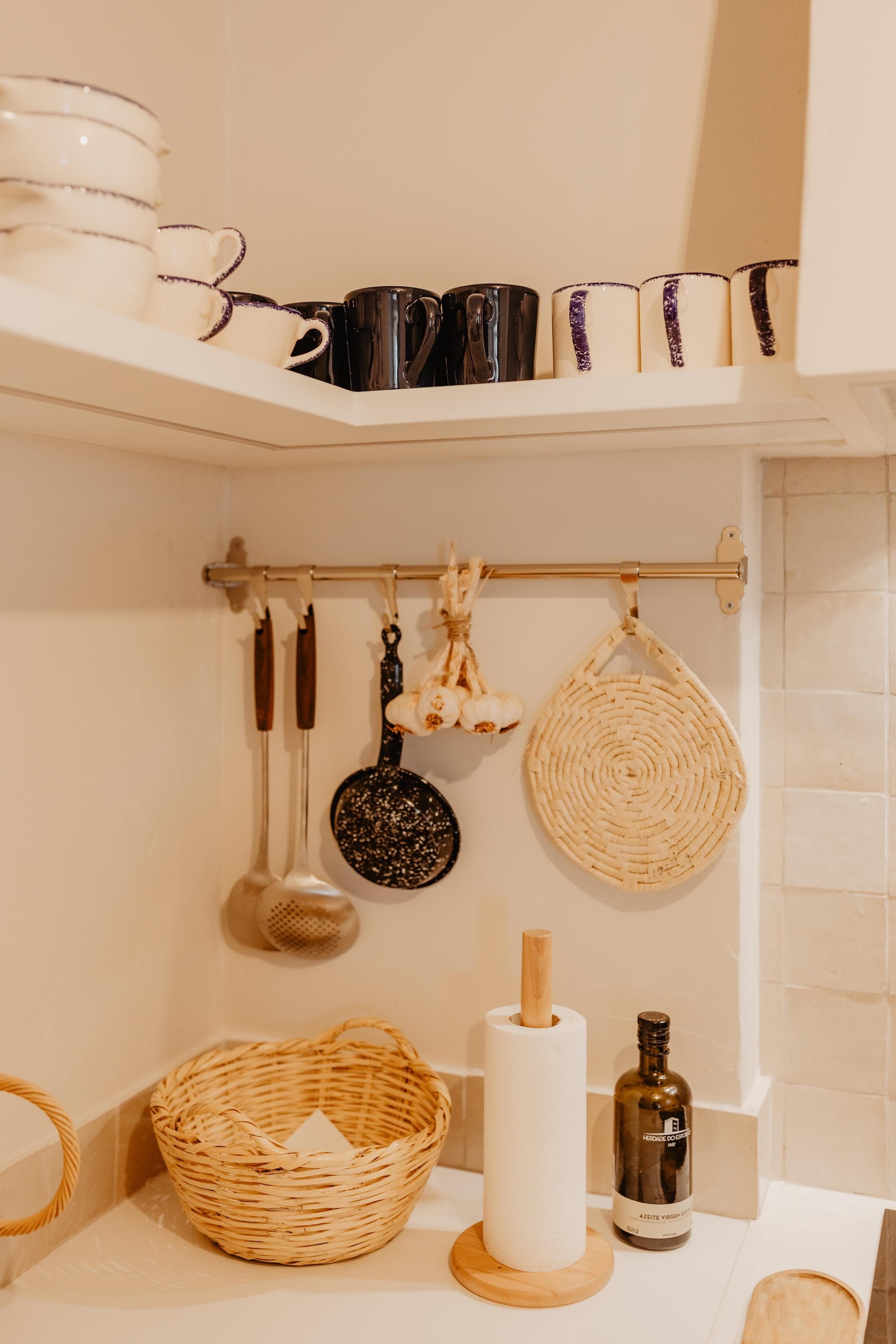 The kitchen, a blend of clean tones and natural materials.