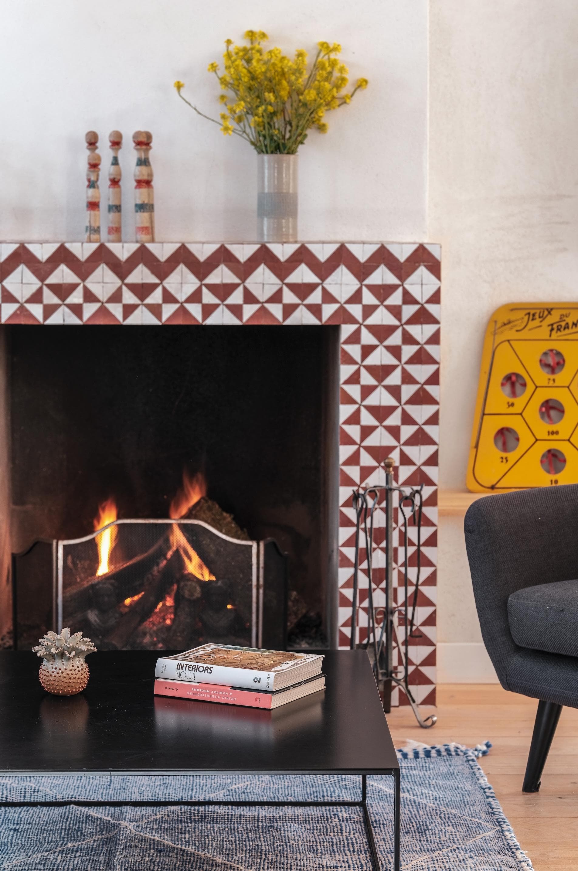 The heart of the home: the zellige fireplace.
