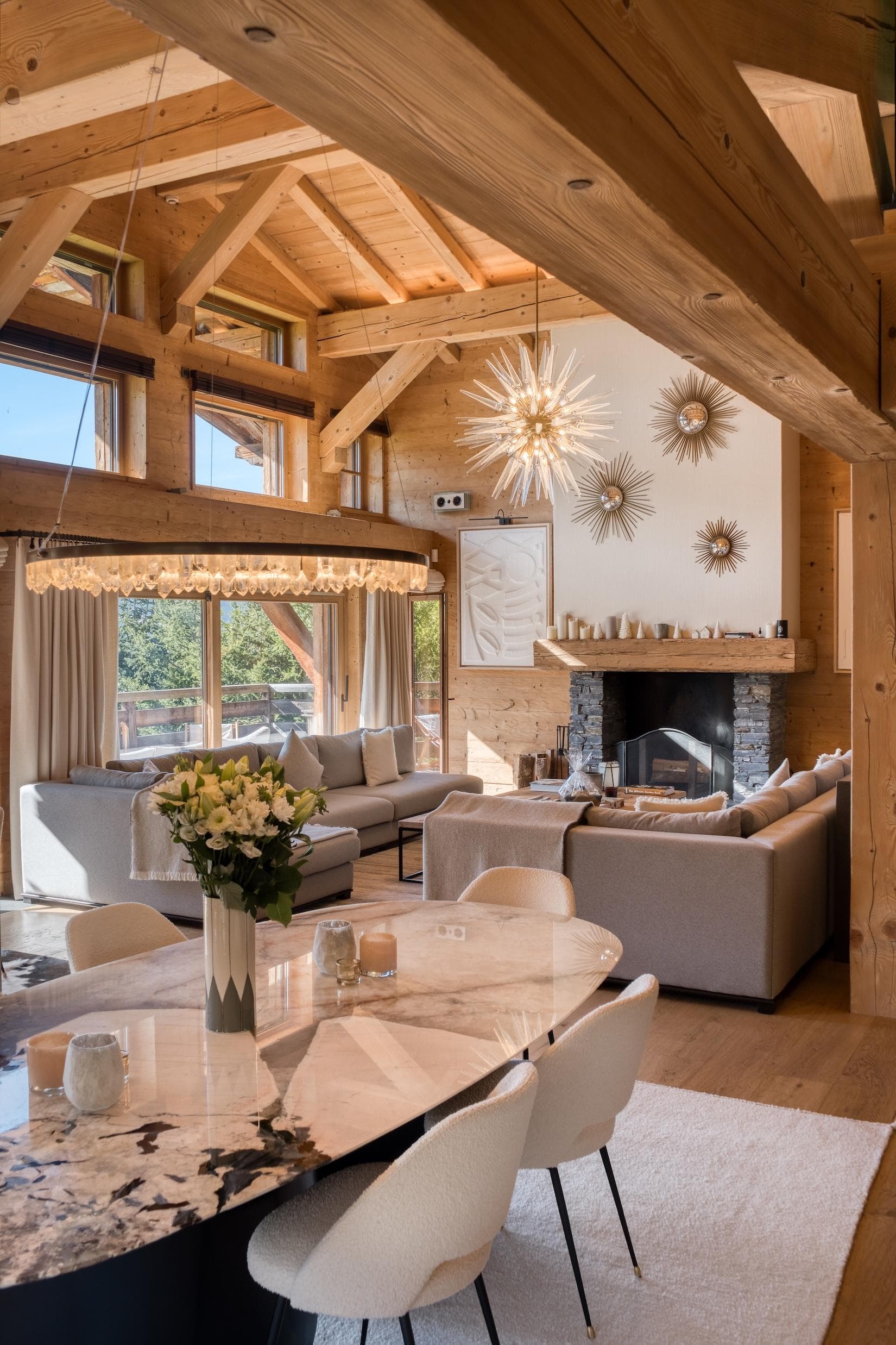 The chalet’s centerpiece, with its beautiful fireplace.